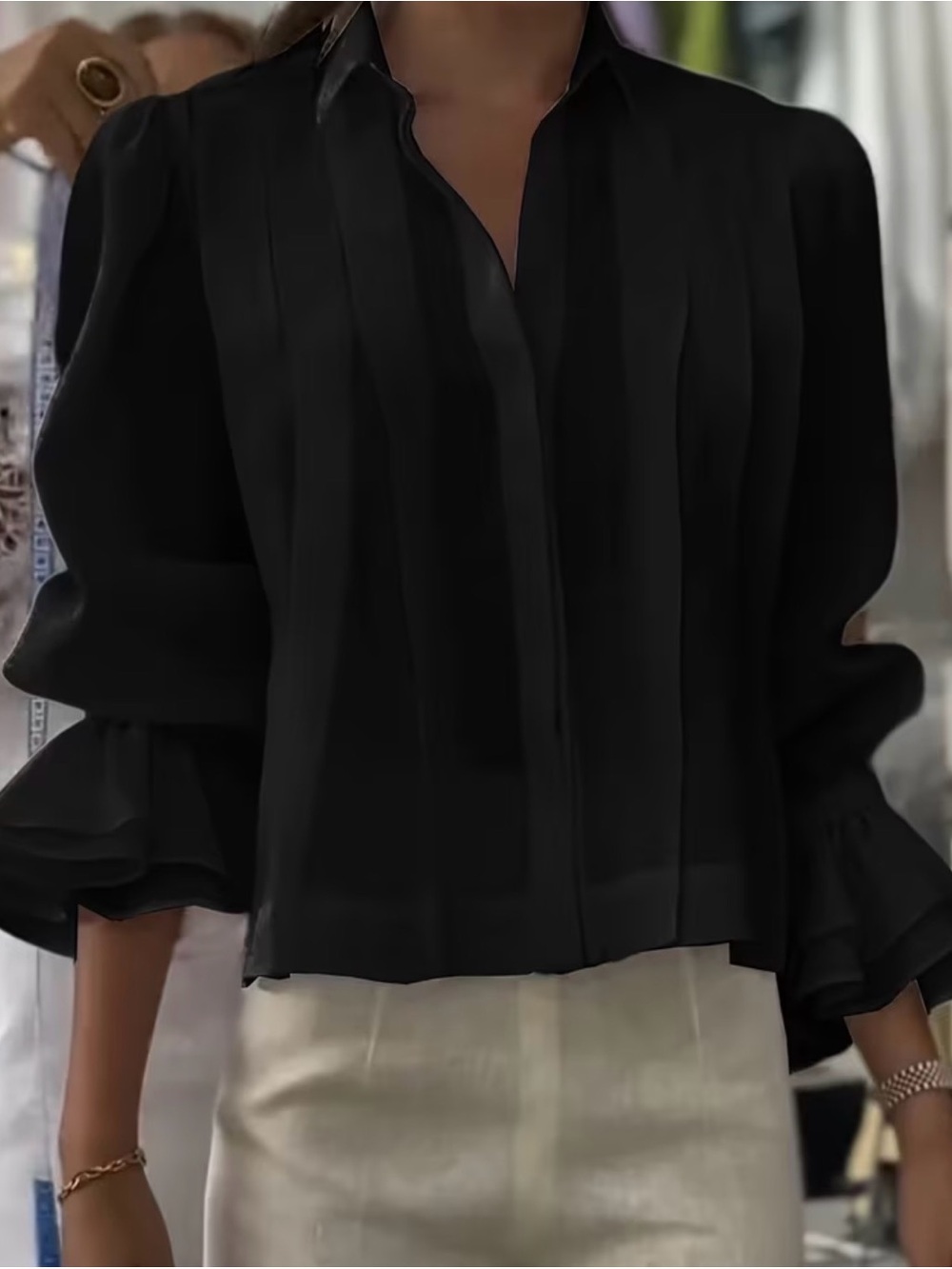 Women's Black Pleated Ruffle-Sleeve Blouse